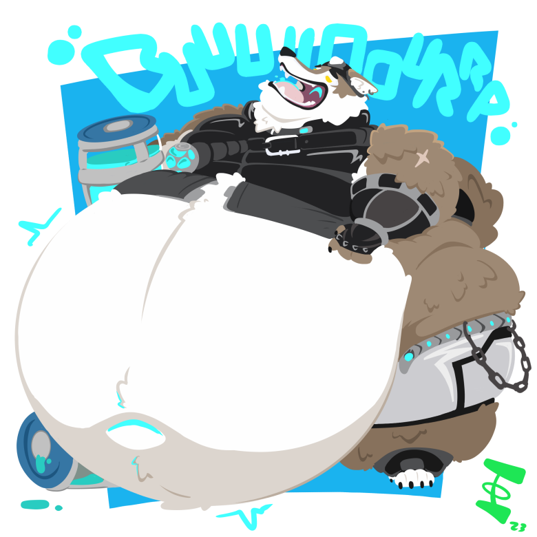 2023 4_fingers anthro belly big_belly brown_body brown_fur burping canid canine canis chug_jug clothing epic_games fingerless_gloves fingers fortnite fur gloves handwear huge_belly huge_thighs hyper hyper_belly male mammal multicolored_body multicolored_fur navel obese obese_anthro obese_male open_mouth overweight overweight_anthro overweight_male pink_tongue solo standing teeth the-netwayman_(artist) thick_thighs tight_clothing tongue two_tone_body two_tone_fur wendell_(fortnite) white_belly wide_hips wolf yellow_eyes