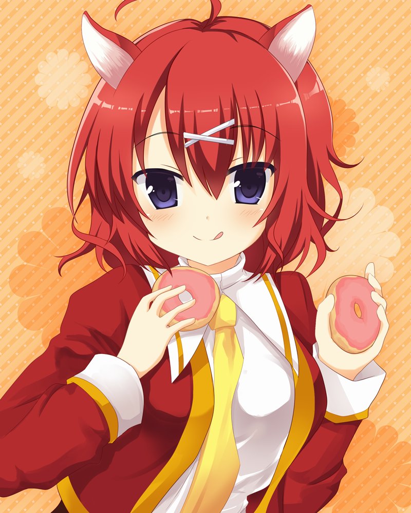 1girl :q ahoge amairo_islenauts ameno_ame animal_ears blue_eyes blush closed_mouth commentary_request doughnut flower food hair_between_eyes hair_flower hair_ornament hands_up jacket long_sleeves looking_at_viewer masaki_gaillard medium_hair necktie open_clothes open_jacket orange_background red_hair red_jacket school_uniform shirt simple_background smile solo tongue tongue_out upper_body white_shirt wing_collar wolf_ears wolf_girl x_hair_ornament yellow_necktie