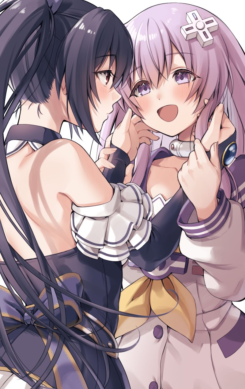 2girls :d back back_bow bare_shoulders black_bow black_dress black_hair black_sleeves bow choker choujigen_game_neptune collarbone commentary_request cowboy_shot detached_sleeves dress eye_contact eyelashes eyes_visible_through_hair fingernails friends from_side grabbing_another's_arm hair_between_eyes hands_on_another's_cheeks hands_on_another's_face highres komekueyo long_sleeves looking_at_another multiple_girls nepgear neptune_(series) open_mouth profile purple_eyes purple_hair red_eyes ribbon sidelocks simple_background smile standing twintails uni_(neptune_series) white_background white_choker white_dress yellow_ribbon