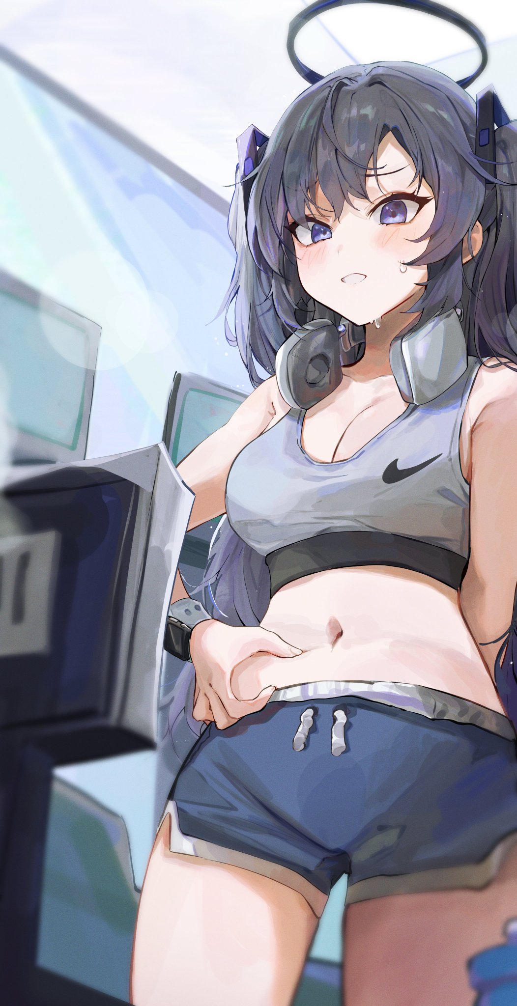 1girl alternate_costume belly_grab blanc_(whit_blanc) blue_archive blue_shorts blush breasts cleavage dolphin_shorts grey_sports_bra halo headphones headphones_around_neck highres medium_breasts midriff navel purple_eyes purple_hair short_shorts shorts solo sports_bra stomach sweat two_side_up watch weight_conscious wireless_headphones wristwatch yuuka_(blue_archive)