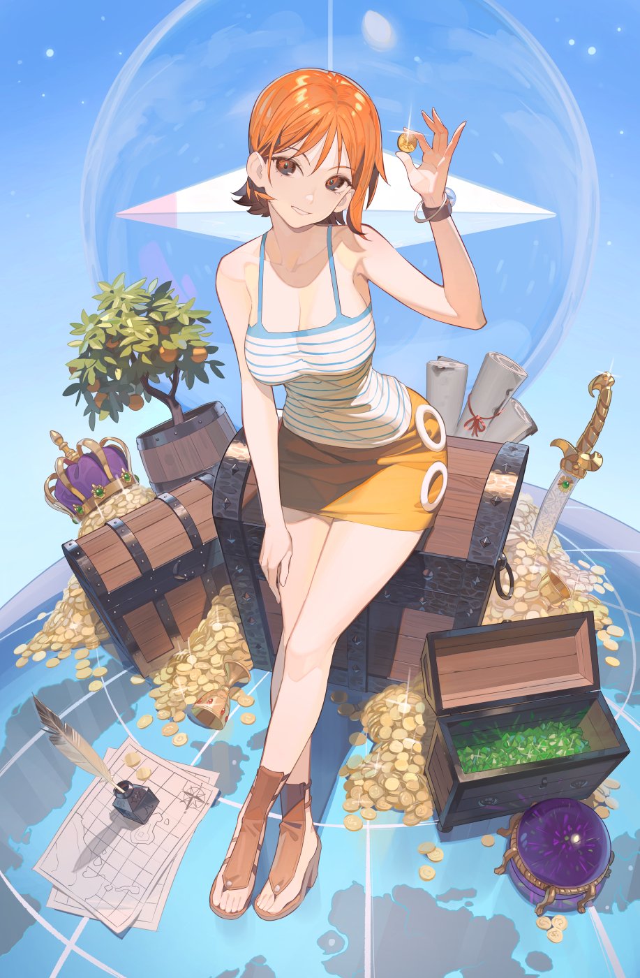 1girl breasts cleavage coin gold gold_coin highres jewelry large_breasts looking_at_viewer map nami_(one_piece) one_piece orange_eyes orange_hair pile_of_money short_hair sitting skirt smile solo sword timbougami treasure treasure_chest weapon
