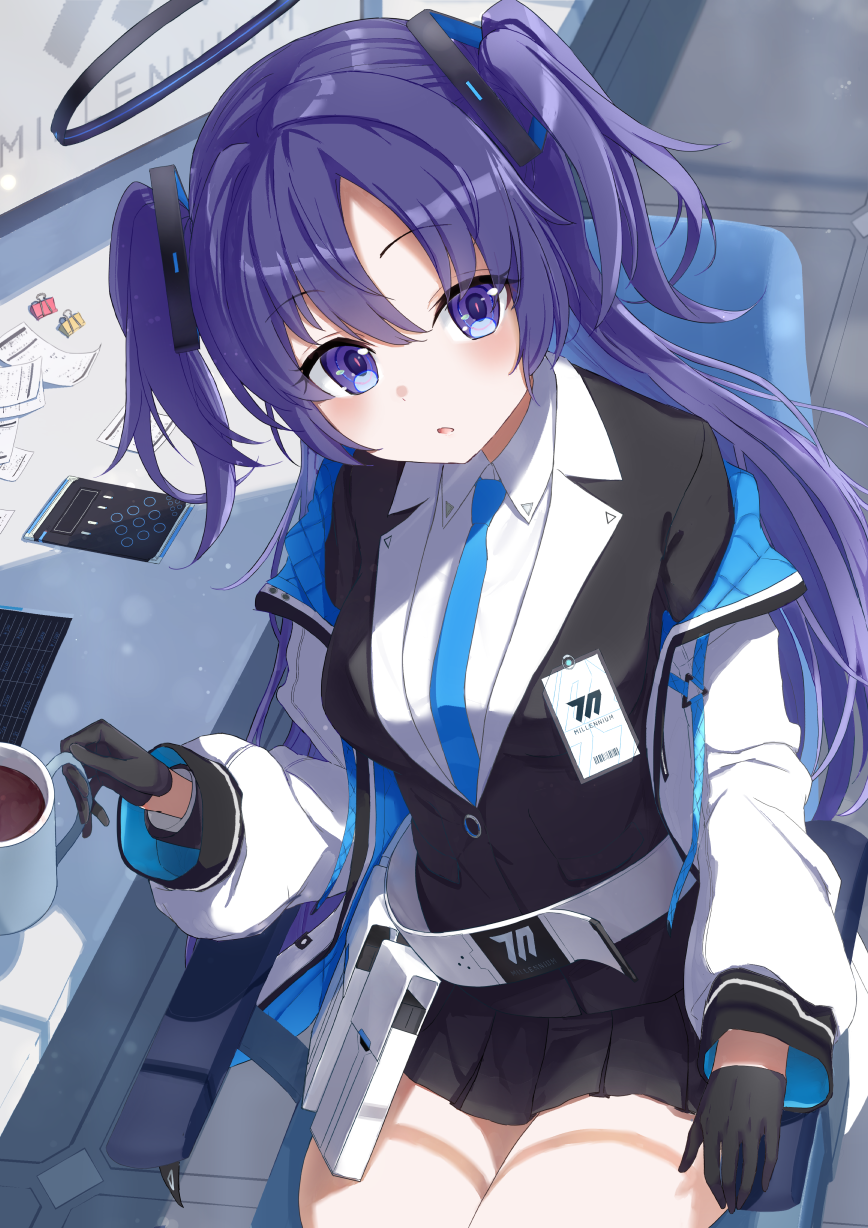 1girl belt black_gloves black_skirt blue_archive blush breasts collared_shirt commentary cup denroku_(nokishita_no_katatsumuri) gloves half_gloves halo highres holding holding_cup id_card jacket long_hair long_sleeves looking_at_viewer medium_breasts parted_lips pleated_skirt purple_eyes purple_hair school_uniform shirt sitting skirt solo suit two-sided_fabric two-sided_jacket two_side_up upper_body white_belt white_jacket white_shirt yuuka_(blue_archive)