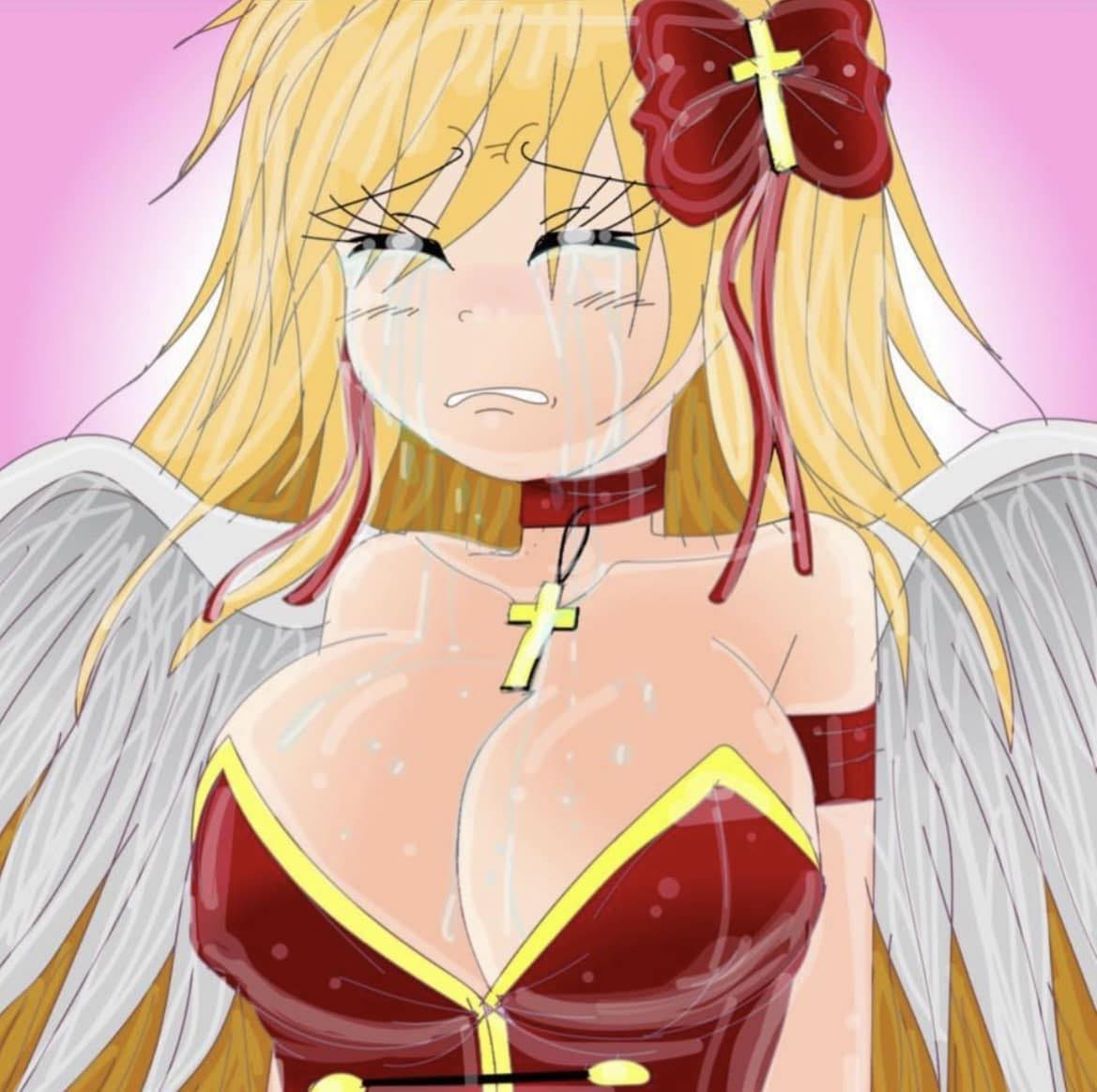 angel angel_wings breasts choker cross crying dress large_breasts long_hair non-web_source orange_hair original red_choker red_dress red_ribbon ribbon streaming_tears tears wings