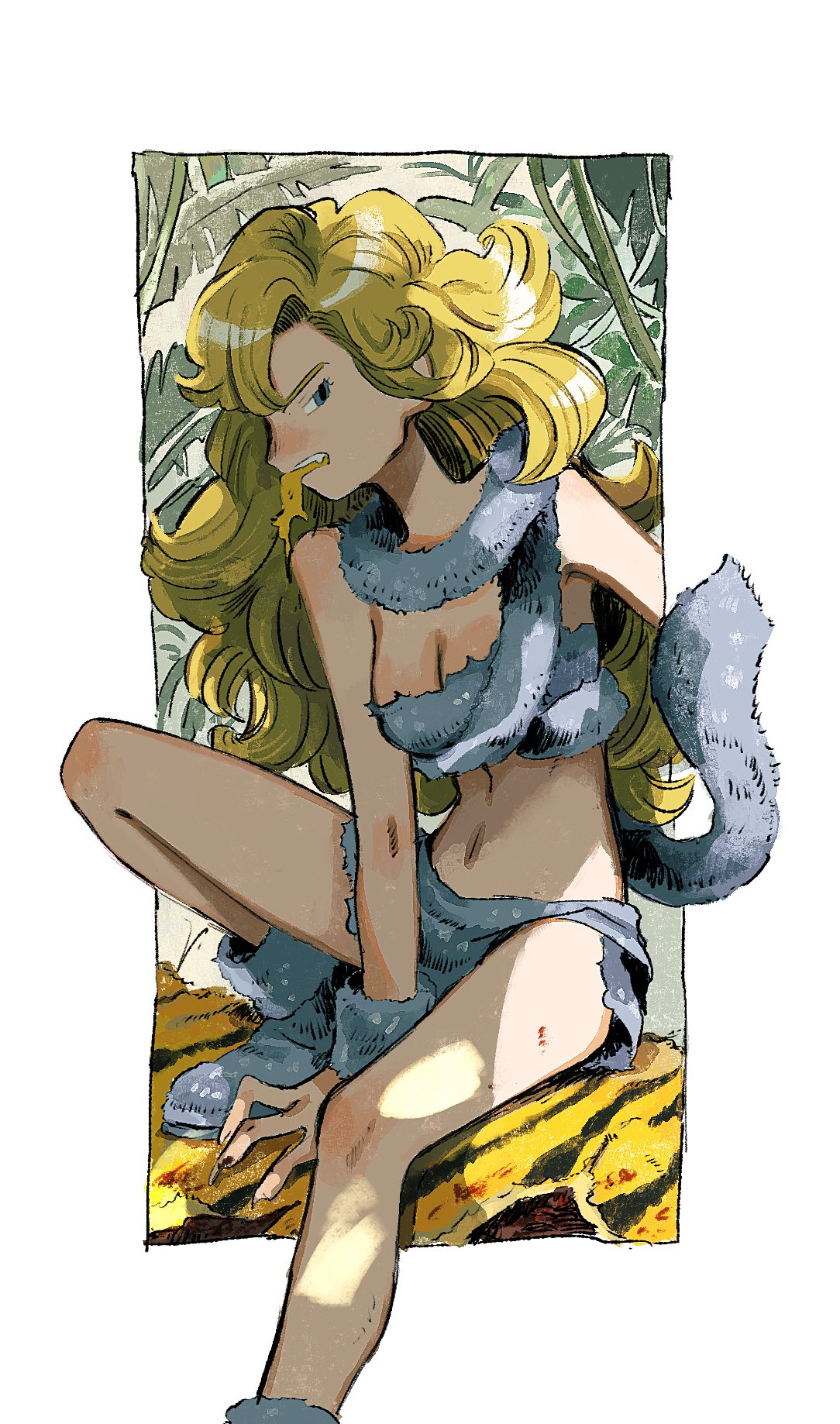 1girl ayla_(chrono_trigger) blonde_hair blue_eyes breasts chrono_trigger cleavage curly_hair food_in_mouth highres kebe6p long_hair looking_at_viewer navel solo