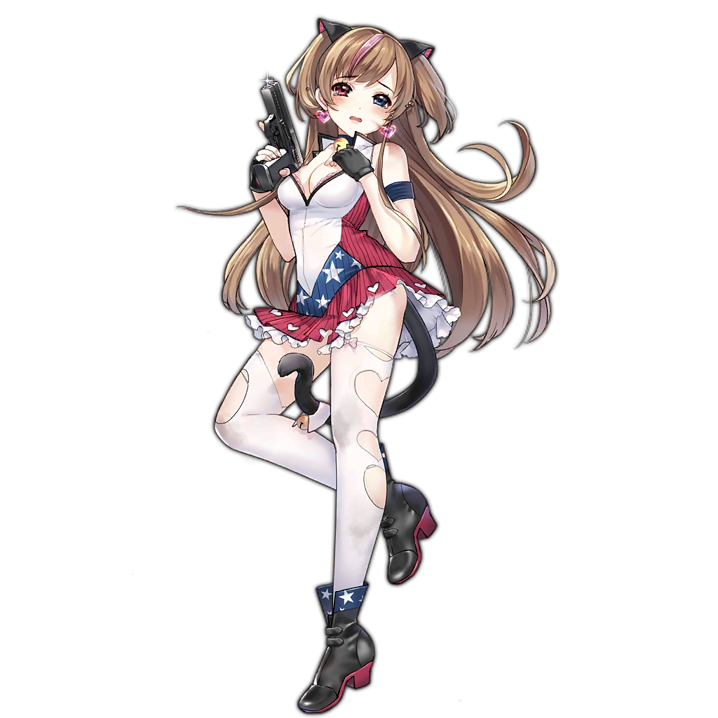 1girl american_flag american_flag_print animal_ears ankle_boots blue_eyes boots bra breasts brown_hair cat_ears cat_tail cleavage colored_shoe_soles damaged defeat fingerless_gloves flag_print full_body girls'_frontline gloves gun h&amp;k_mark_23 handgun heckler_&amp;_koch heterochromia high_heel_boots high_heels holding holding_gun holding_weapon long_hair looking_at_viewer medium_breasts mk23_(girls'_frontline) multicolored_hair navel official_art pink_bra pink_hair popped_collar red_eyes sheska_xue shirt skirt solo streaked_hair tail tears thighhighs torn_clothes torn_thighhighs transparent_background trigger_discipline underwear weapon white_thighhighs