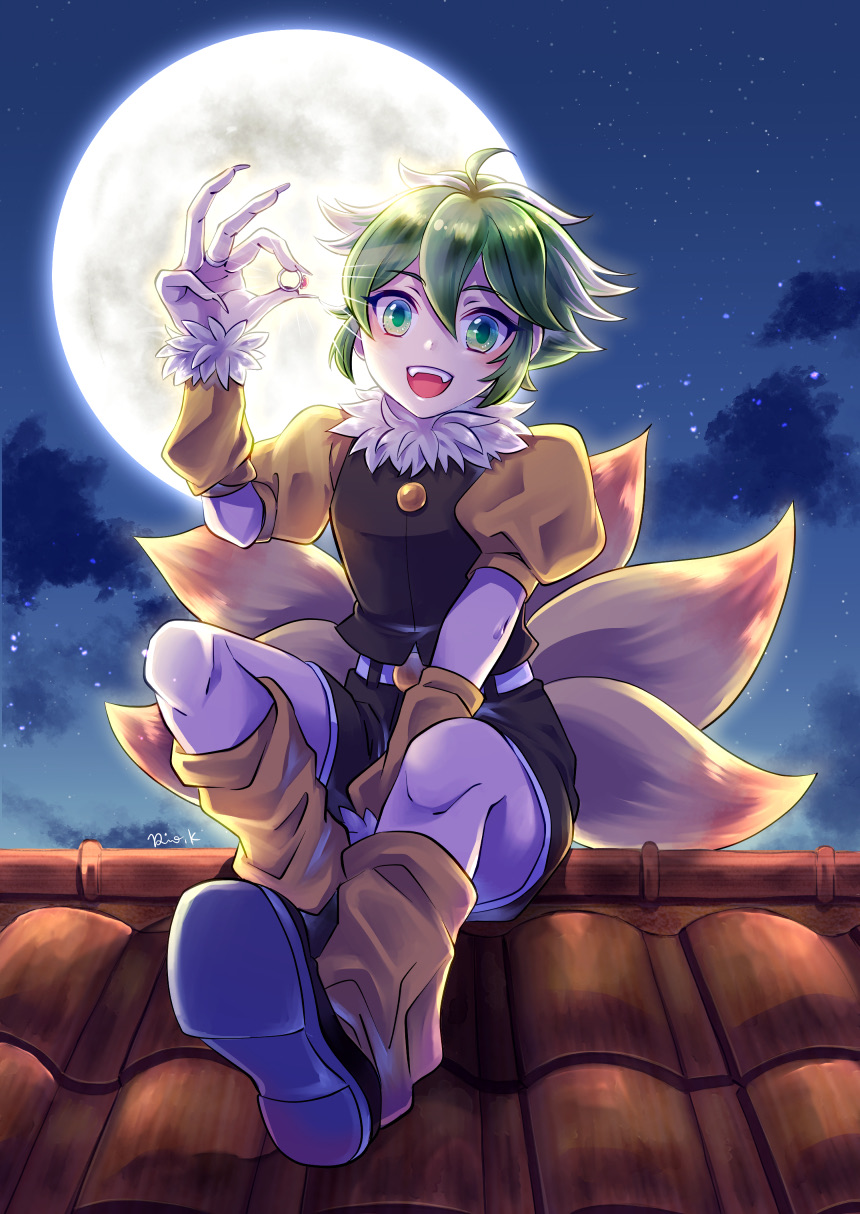 1boy cloud full_moon green_eyes green_hair highres jewelry kageshitario looking_at_viewer male_focus monster_boy moon open_mouth riki_(saga) ring saga saga_frontier short_hair smile solo star_(sky) tail