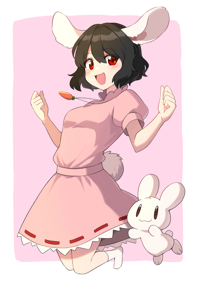 1girl :d animal_ears bad_leg bad_perspective bad_proportions black_hair breasts carrot_necklace commentary_request dress full_body hands_up happy highres inaba_mob_(touhou) inaba_tewi jewelry looking_at_viewer mothkoisi necklace open_mouth pink_background pink_dress puffy_short_sleeves puffy_sleeves rabbit rabbit_ears rabbit_tail red_eyes short_hair short_sleeves small_breasts smile solo tail touhou