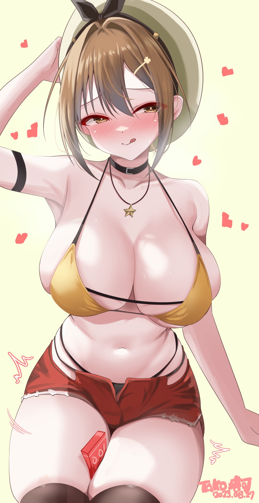 1girl :p arm_behind_head arm_strap atelier_(series) atelier_ryza atelier_ryza_1 beret between_thighs bikini black_choker blush border breasts brown_eyes brown_hair brown_thighhighs choker cleavage collarbone commentary_request condom_box dated hair_ornament hairclip hat highres huge_breasts ineedu041_tako jewelry looking_to_the_side multi-strapped_bikini navel necklace open_clothes open_shorts paid_reward_available red_shorts reisalin_stout short_shorts shorts solo star_(symbol) star_necklace swimsuit thighhighs thighs tongue tongue_out white_border white_headwear yellow_background yellow_bikini