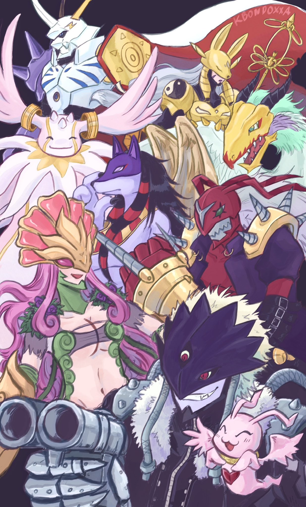 angel antennae anubimon armor banchostingmon beak beelzebumon cape ceresmon cherubimon_(virtue) demon digimon digimon_(creature) digimon_survive fox_mask gun highres holding holding_gun holding_weapon kari_(kbondoxxa) long_hair marinangemon mask omegamon sakuyamon valdurmon weapon wings yin_yang