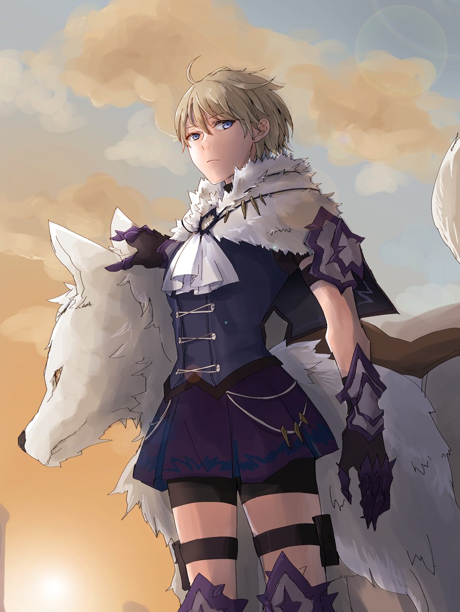 1girl animal armor ascot blonde_hair blue_eyes closed_mouth fire_emblem fire_emblem_engage fur_trim gloves highres looking_at_viewer merrin_(fire_emblem) robaco short_hair shorts shorts_under_skirt skirt solo thigh_strap wolf