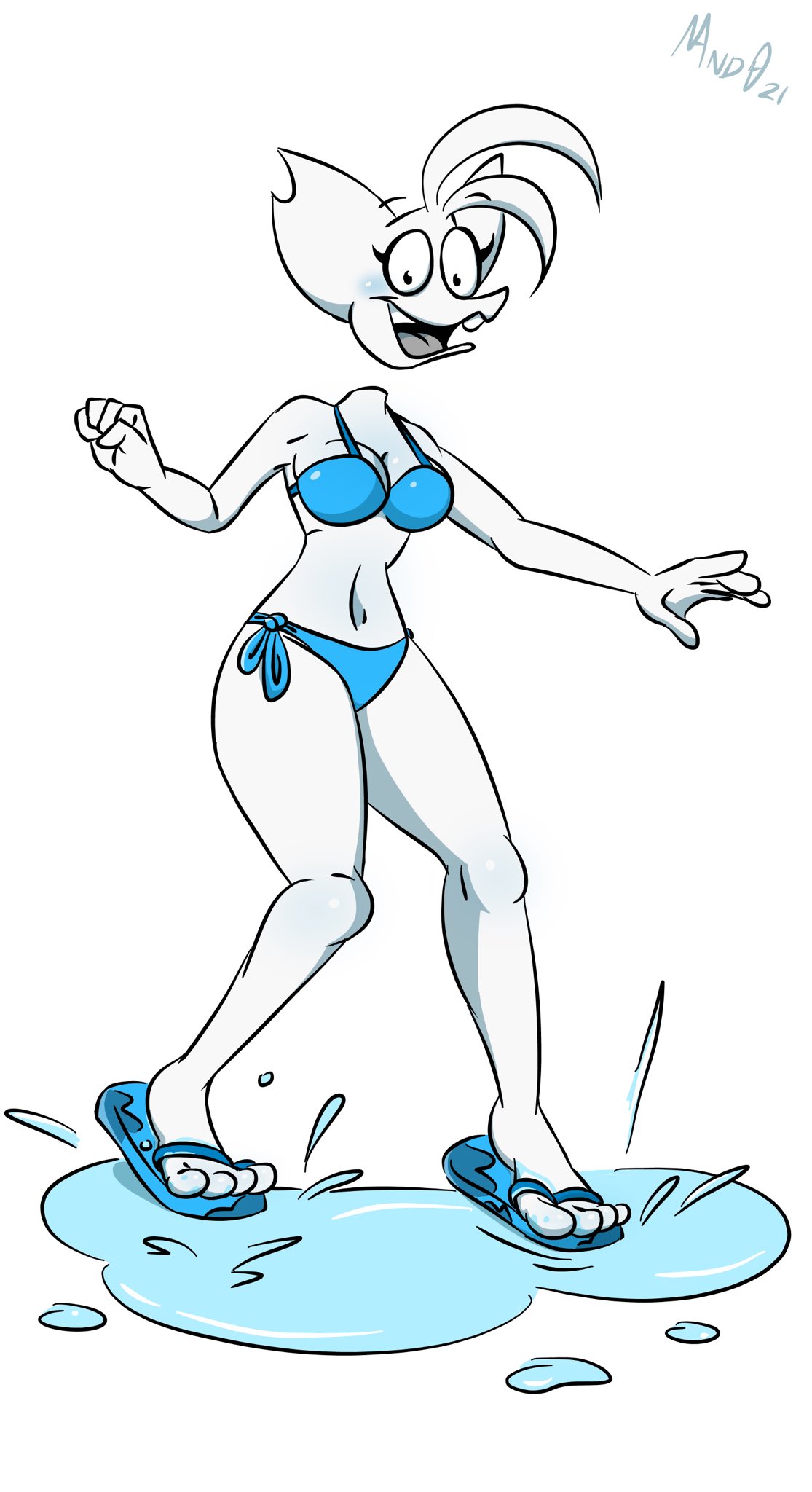 2021 4_toes 5_fingers air_creature anthro bikini blue_bikini blue_clothing blue_footwear blue_shoes blue_swimwear blush blush_stickers breasts cleavage clothed clothing cloud curved_eyebrows dancing detachable detachable_head elemental_creature eyebrows eyelashes eyeliner feet female fingers flip_flops footwear hi_res living_cloud makeup navel notched_ear open_mouth open_smile partially_submerged raised_eyebrows sandals sega-htf shoes simple_background smile smiling_at_viewer solo splash standing_in_water swimwear teeth toes white_background white_body