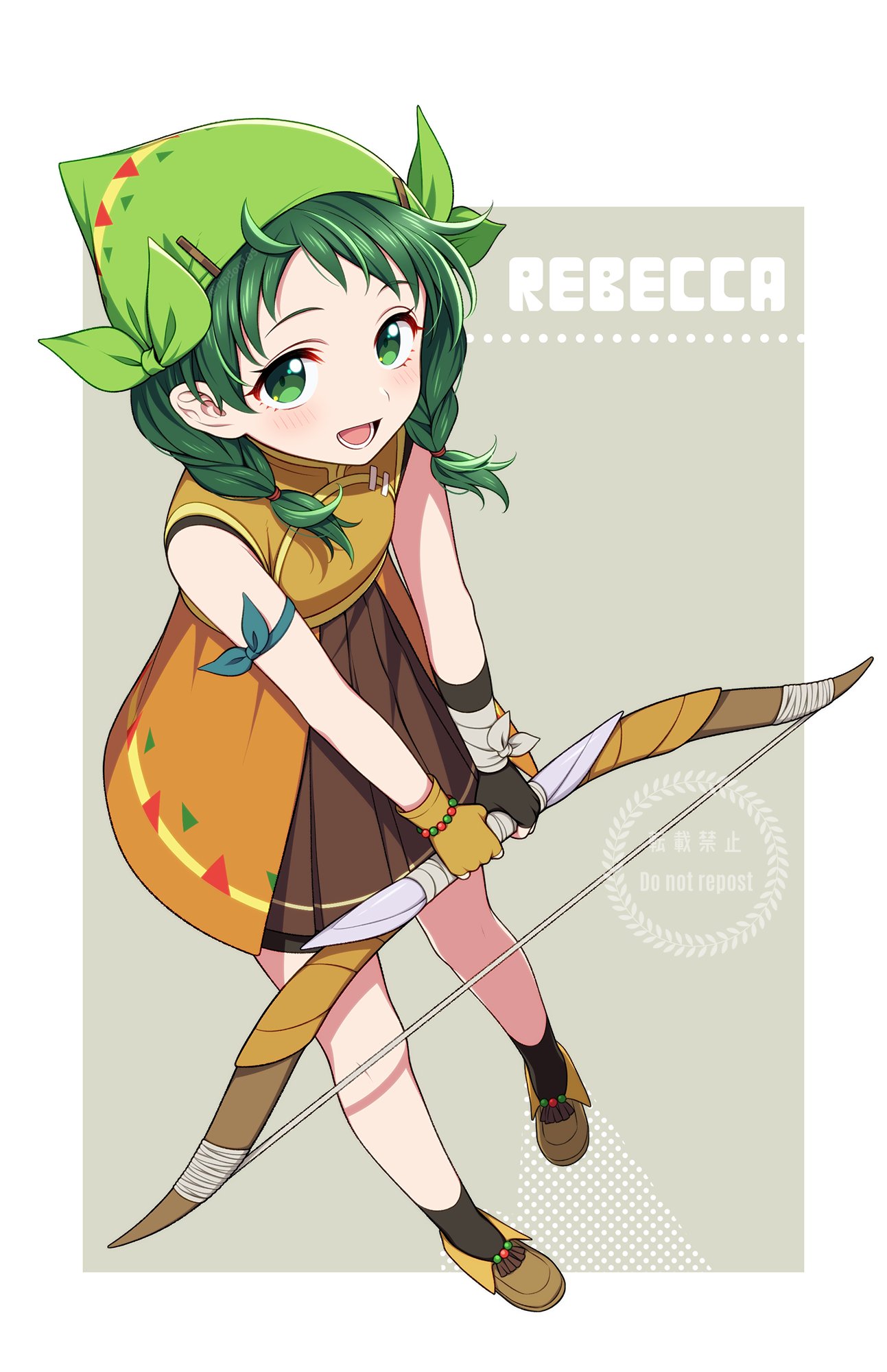 1girl aged_down bow_(weapon) braid fire_emblem fire_emblem_heroes green_eyes green_hair highres hiyori_(rindou66) holding holding_bow_(weapon) holding_weapon looking_at_viewer official_alternate_costume open_mouth rebecca_(fire_emblem) twin_braids weapon