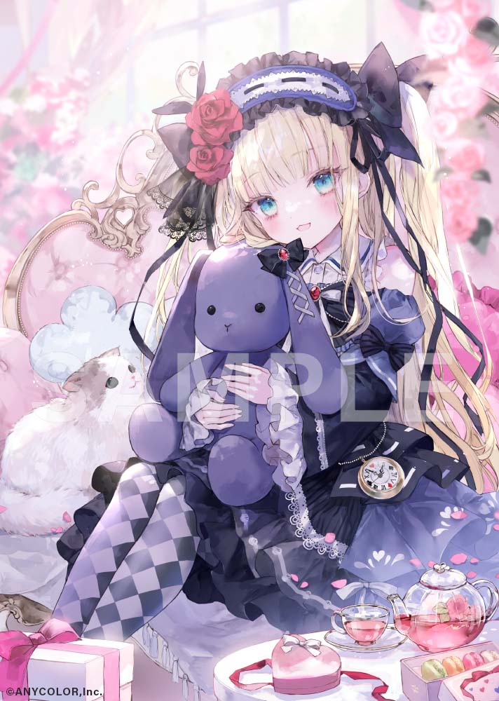 1girl :d ace_(playing_card) animal argyle argyle_legwear bare_shoulders black_dress black_sleeves blonde_hair box card cat club_(shape) commentary_request cup day dress flower frilled_hairband frilled_sleeves frills gift gift_box hair_flower hair_ornament hairband heart hugging_object indoors layered_sleeves lolita_hairband long_hair long_sleeves mononobe_alice nijisanji official_art onineko pantyhose pink_flower pink_rose playing_card pocket_watch puffy_short_sleeves puffy_sleeves red_flower red_rose rose sample_watermark saucer short_over_long_sleeves short_sleeves sitting sleeveless sleeveless_dress sleeves_past_wrists smile solo spade_(shape) stuffed_animal stuffed_rabbit stuffed_toy sunglasses teacup teapot transparent two_side_up very_long_hair virtual_youtuber watch watermark wide_sleeves window