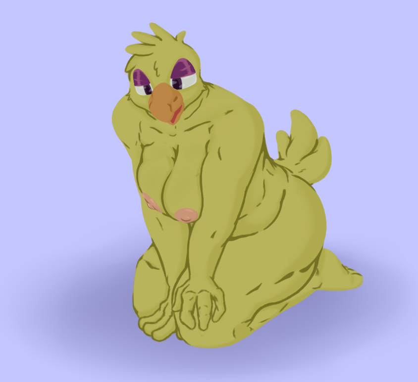 anthro avian axentooth beak bedroom_eyes bird breast_squish breasts chica_(fnaf) chicken cleavage clothed clothing curvy_figure feathers female five_nights_at_freddy's galliform gallus_(genus) hand_on_knee hand_on_leg kneeling leaning leaning_forward looking_down narrowed_eyes nipples open_mouth phasianid scottgames seductive solo squish voluptuous
