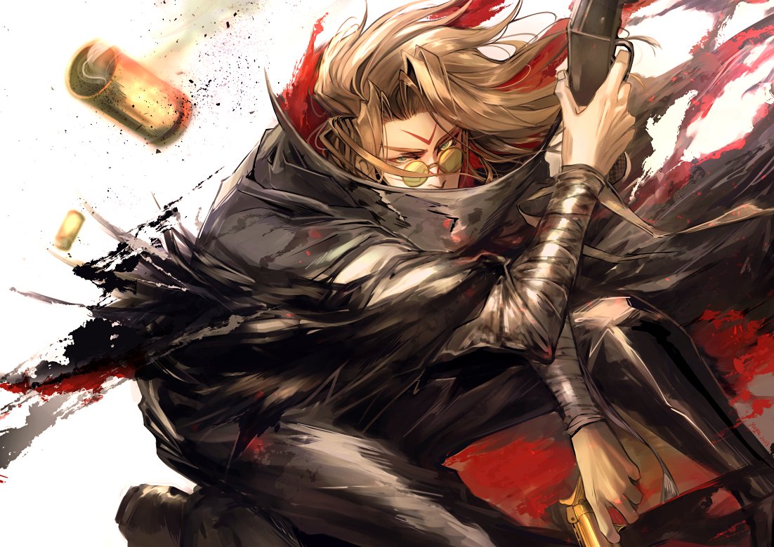 1boy bandages black_coat black_pants blue_eyes brown_hair coat covered_mouth dual_wielding facial_mark glasses gun holding kneeling looking_at_viewer male_focus pants parted_bangs round_eyewear shell_casing simple_background solo tattoo toushinden vermillion_(toushinden) weapon white_background yuguyugu89