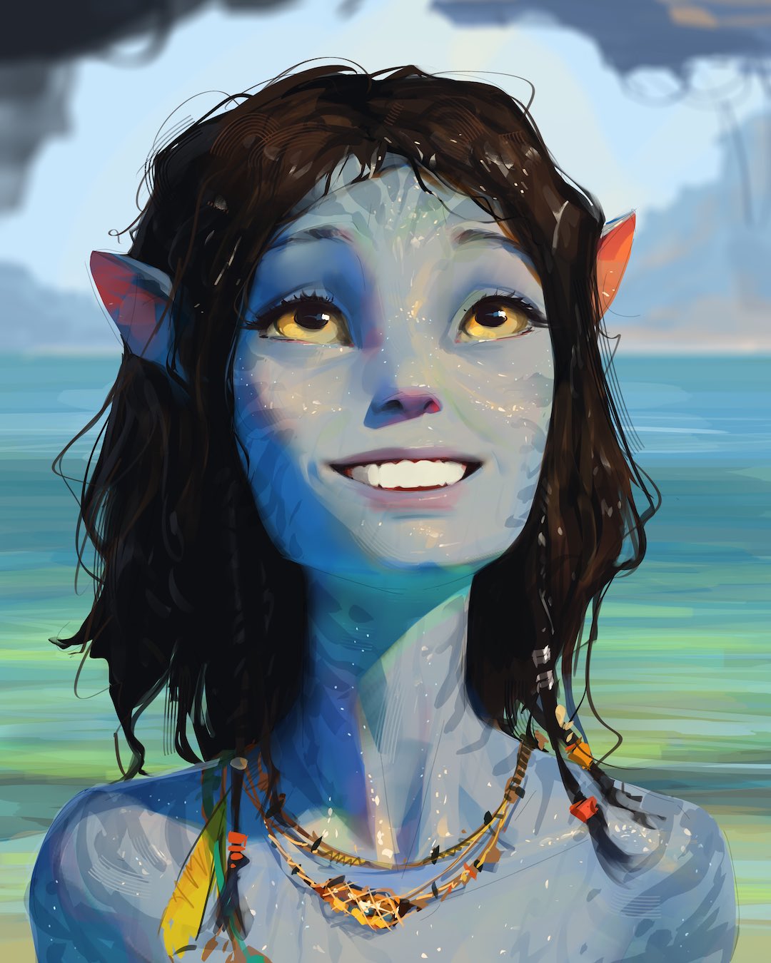 1girl alien animal_ears avatar:_the_way_of_water blue_skin cat_ears colored_skin day english_commentary faux_traditional_media highres james_cameron's_avatar kiri_(avatar) long_hair looking_up na'vi no_humans ocean outdoors painterly pointy_ears sam_yang scenery science_fiction solo teeth