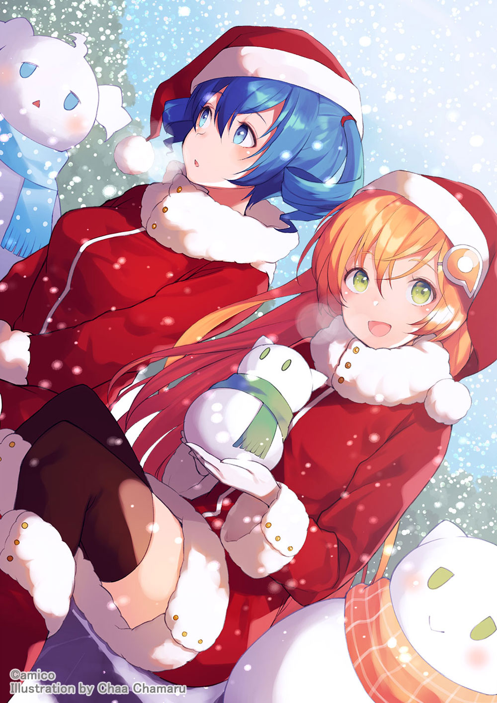 2girls amiami_(company) amico black_thighhighs blue_eyes blue_hair blush boots breasts breath christmas coat fur_trim gloves gradient_hair green_eyes hair_between_eyes hair_ornament hat highres holding holding_snowman lilco long_sleeves looking_at_viewer multicolored_hair multiple_girls official_art open_mouth orange_hair outdoors parted_lips red_coat red_footwear santa_hat short_twintails sitting snow snowing snowman thighhighs twintails white_gloves yumekui