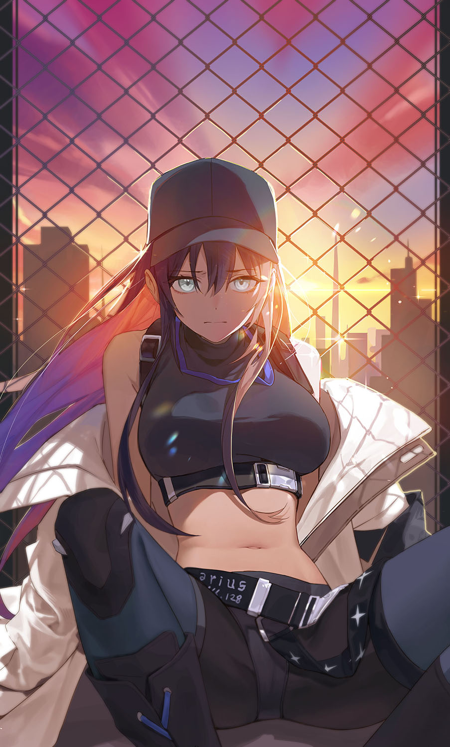 1girl arm_support armband backlighting bare_shoulders baseball_cap belt black_belt black_footwear black_hair black_headwear black_pants black_shirt blue_archive blue_eyes blue_hair boots breasts chain-link_fence chest_harness cityscape closed_mouth cloud cloudy_sky coat colored_inner_hair commentary crop_top fence floating_hair hair_between_eyes halo harness hat highres knee_boots large_breasts long_hair looking_at_viewer midriff multicolored_hair navel no_mask off_shoulder outdoors pants saori_(blue_archive) shadow shirt sidelocks sitting sky sleeveless sleeveless_shirt snap-fit_buckle solo spread_legs sugarhigh sunset taut_clothes taut_shirt two-tone_hair underbust white_coat