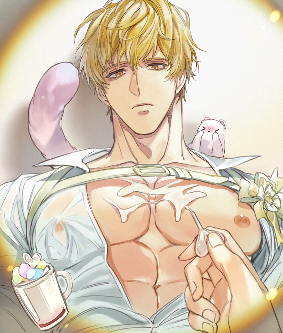 1boy abs bags_under_eyes blonde_hair covered_nipples d_n_bb1083 ermine ferret large_pectorals looking_at_viewer male_focus muscular muscular_male navel nipples nu_carnival pectorals quincy_(nu_carnival) see-through see-through_shirt shirt short_hair topper_(nu_carnival) weasel white_shirt yellow_eyes