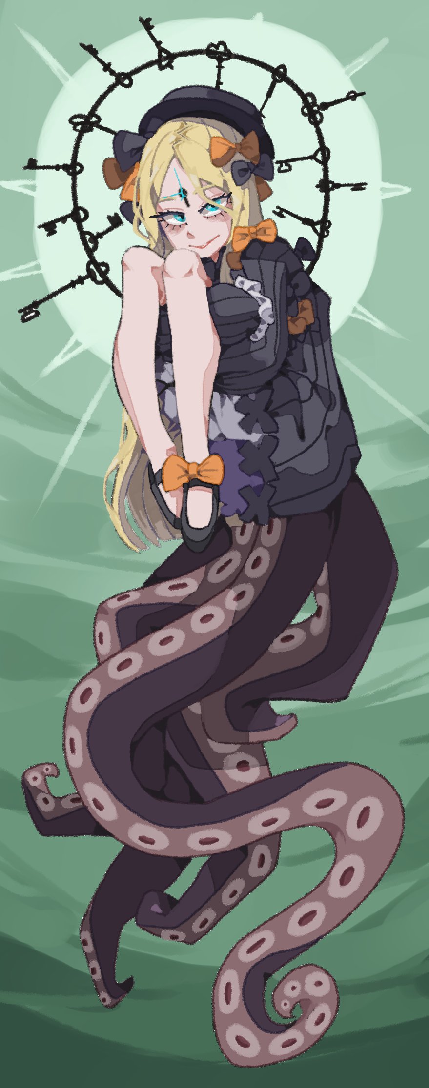 1girl abigail_williams_(fate) bbizim03 black_bow black_footwear black_headwear blonde_hair bloomers blue_eyes bow closed_mouth dress fate/grand_order fate_(series) floating hair_bow hat highres hugging_own_legs key keyhole long_hair looking_at_viewer orange_bow solo tentacles very_long_hair white_bloomers