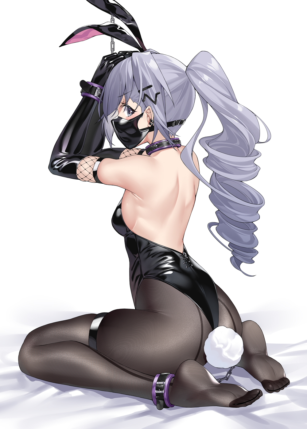 1girl animal_ears ass bare_shoulders bed_sheet black_gloves black_leotard bound bound_wrists breasts brown_pantyhose drill_hair ear_piercing fake_animal_ears fake_tail fishnet_gloves fishnets ginklaga gloves hands_up highres honkai:_star_rail honkai_(series) leotard long_hair looking_back mask medium_breasts mouth_mask no_shoes pantyhose piercing ponytail rabbit_ears rabbit_tail restrained shiny_clothes sideways_glance silver_wolf_(honkai:_star_rail) simple_background sitting skindentation tail thigh_strap wariza white_background