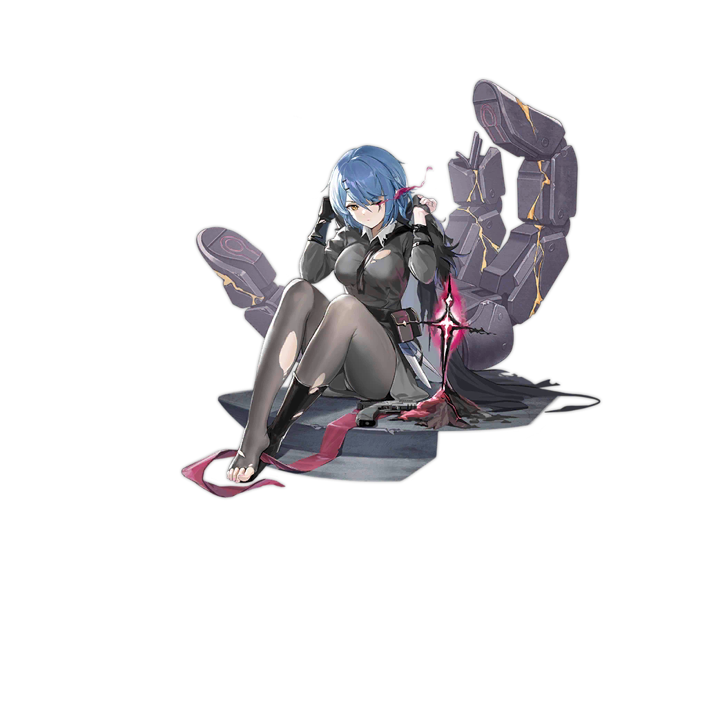 1girl adjusting_clothes between_breasts black_bag black_cape black_footwear black_gloves blue_hair boots breasts broken cape closed_mouth eye_trail feet full_body giant_hand girls'_frontline gloves goti_(gotie23) grey_pantyhose grey_shirt grey_skirt hair_between_eyes hair_ornament hairclip hands_up knee_boots knife large_breasts legs light_trail magic mechanical_hands nail_polish official_alternate_costume official_art one_eye_closed pantyhose pink_nails pouch ppq_(born_from_her_fingertips)_(girls'_frontline) ppq_(girls'_frontline) shirt short_hair simple_background single_glove single_mechanical_hand sitting skirt solo third-party_source throwing_knife toenail_polish toenails toes torn_clothes torn_footwear torn_pantyhose torn_shirt transparent_background walther_ppq weapon weapon_on_floor yellow_eyes