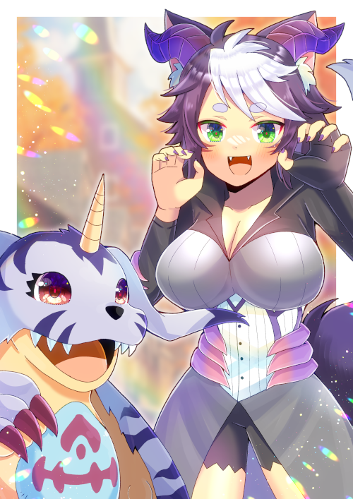 1girl :d animal_ear_fluff animal_ears black_gloves black_shorts blurry blurry_background breasts cleavage commentary_request depth_of_field digimon digimon_adventure elbow_gloves fangs fingerless_gloves gabumon gloves green_eyes hands_up horns indie_virtual_youtuber kou_hiyoyo large_breasts loki_lux looking_at_viewer multicolored_hair nail_polish purple_hair purple_nails red_eyes sharp_teeth short_eyebrows short_shorts shorts single_glove smile tail teeth thick_eyebrows two-tone_hair virtual_youtuber white_hair