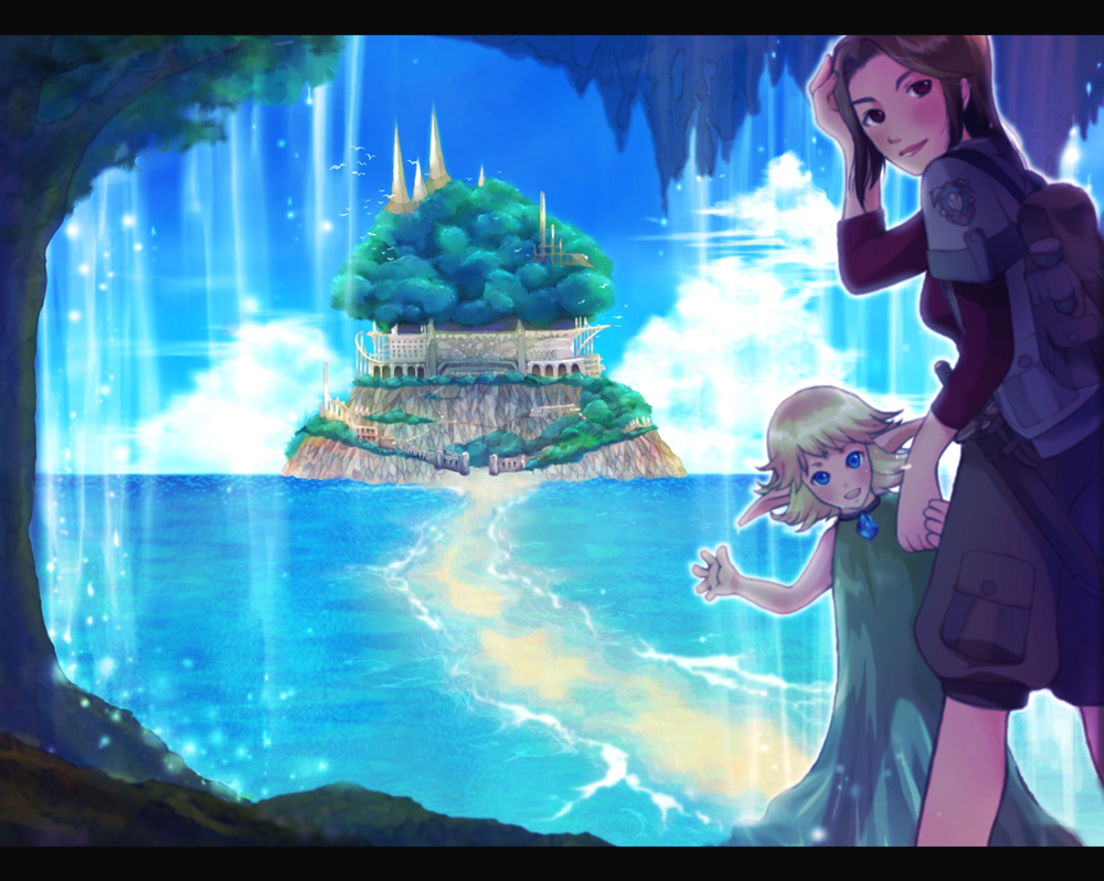 2girls blonde_hair blue_eyes blue_sky blush brown_background brown_eyes brown_hair brown_shorts cave closed_mouth cloud commentary_request day dress feet_out_of_frame gobaku_no_hito green_dress grey_shirt hand_on_own_head holding_hands horizon island layered_sleeves letterboxed long_sleeves looking_at_viewer looking_back multiple_girls ocean open_mouth original outdoors red_shirt ruins shirt short_hair short_over_long_sleeves short_sleeves shorts sky smile tree water