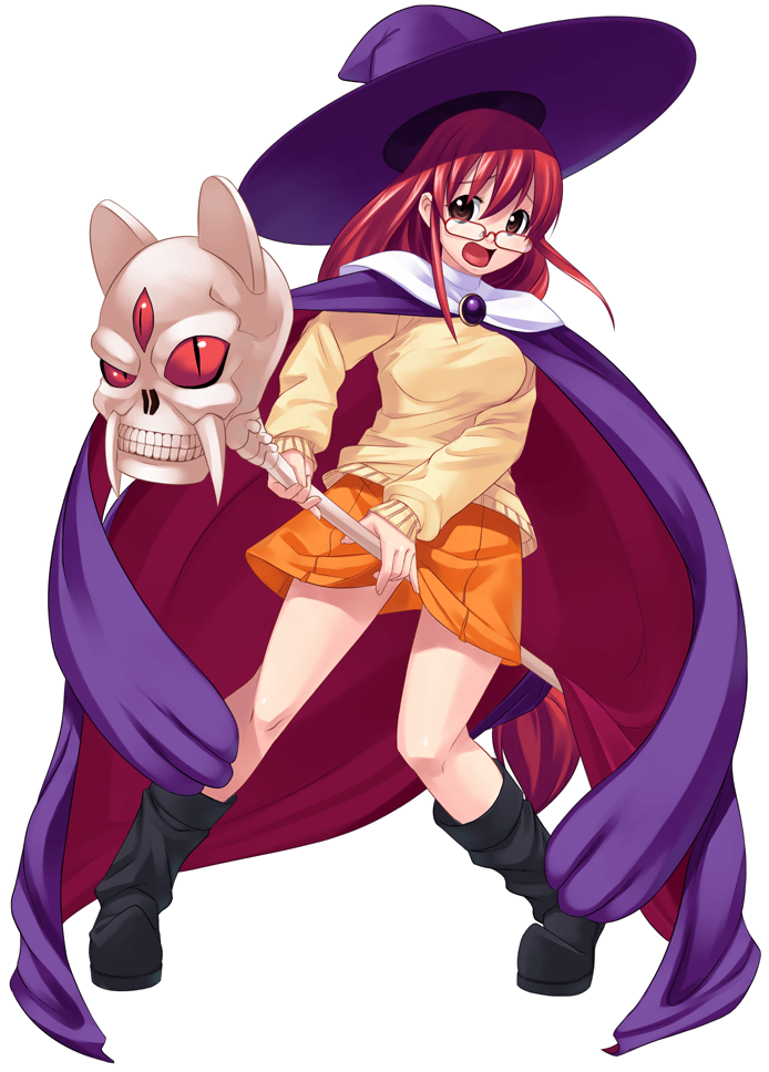 1girl arcana_heart braid breasts cape glasses hat long_hair misono_gakuen_school_uniform open_mouth red_eyes red_hair school_uniform skirt skull staff sweater very_long_hair witch witch_hat yasuzumi_yoriko