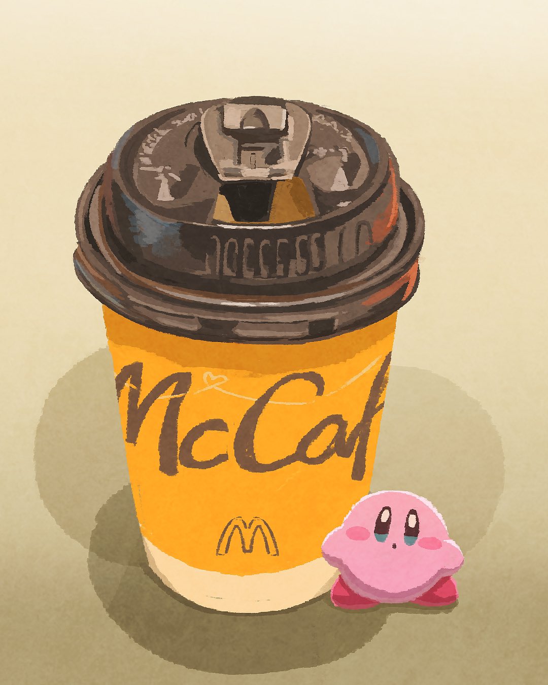 :o alternate_size blue_eyes blush blush_stickers coffee_cup commentary_request cup disposable_cup gradient_background grey_background highres kirby kirby_(series) looking_at_viewer mcdonald's miclot no_humans shadow simple_background solo white_background