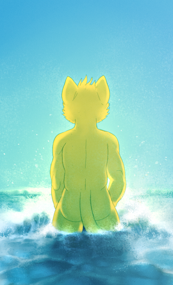 anthro butt domestic_cat felid feline felis fur hair male mammal nude sea sky solo standing tail tderek99 water yellow_body yellow_fur