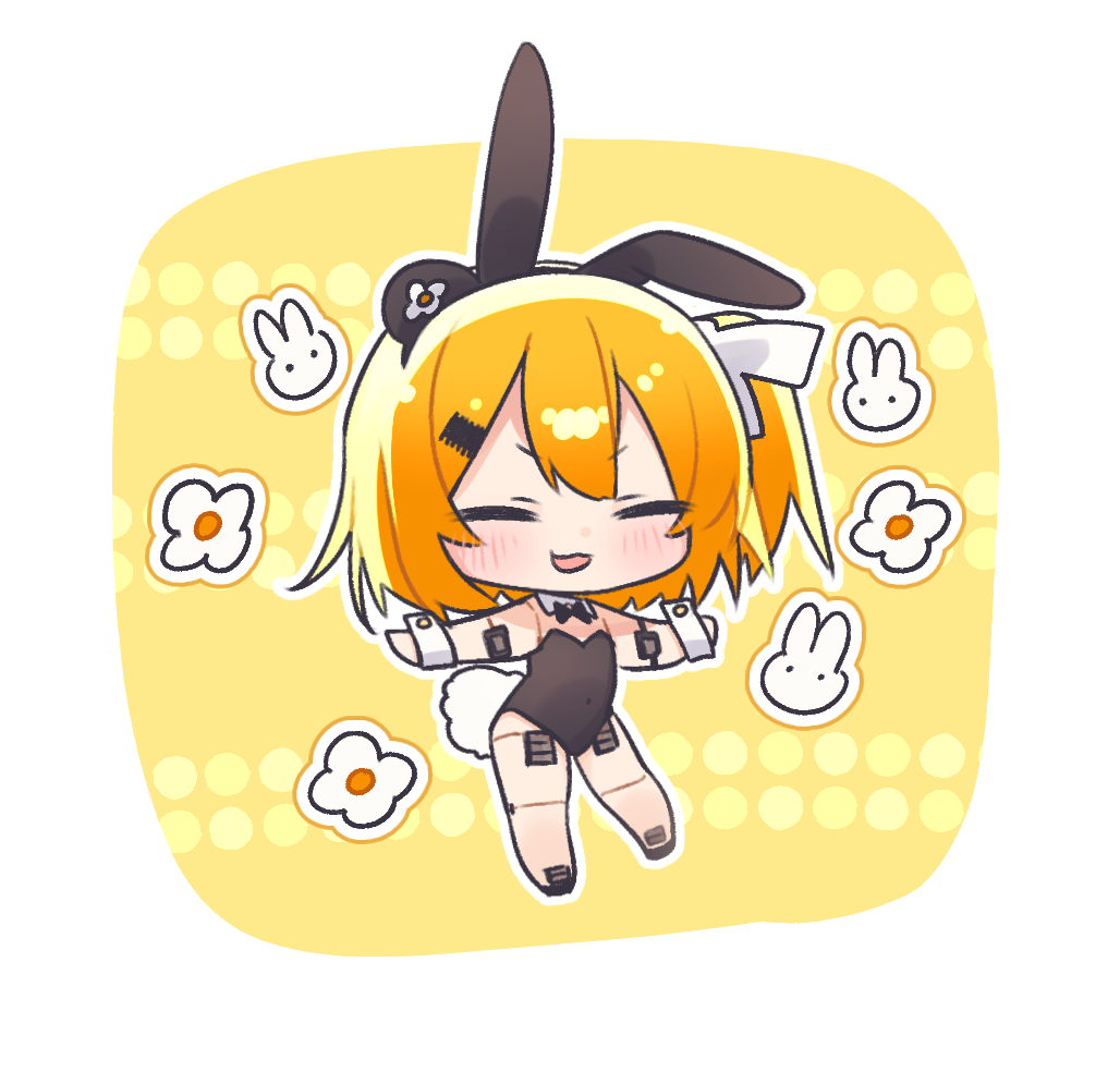 1girl :3 a.i._voice adachi_rei android animal_ears black_leotard blush border chibi closed_eyes commentary_request detached_collar fake_animal_ears flower_(symbol) hair_ribbon joints leotard medaka_h2 medium_hair one_side_up orange_hair outline outstretched_arms playboy_bunny rabbit_ears rabbit_symbol rabbit_tail ribbon robot_joints smile solo spread_arms standing strapless strapless_leotard tail utau v-shaped_eyebrows white_border white_outline white_ribbon wrist_cuffs yellow_background