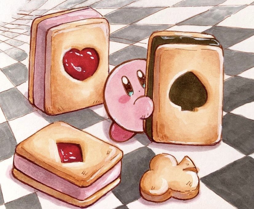 :o blue_eyes checkered_floor colored_skin commentary cookie food holding holding_food ice_cream ice_cream_sandwich kirby kirby_(series) looking_at_viewer miclot no_humans open_mouth oversized_object pink_skin red_footwear shoes solo symbol-only_commentary