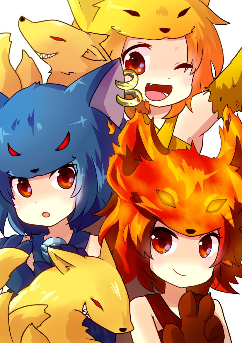 3girls :o ;d animal_hands animal_hat arm_up bare_shoulders bell blonde_hair blue_hair blue_headwear cat_o'_nine_tails_(ragnarok_online) claws closed_mouth criss-cross_halter eyes_visible_through_hair fang fire firefox_(ragnarok_online) fox fox_girl fox_hat halterneck hand_up hands_up hat jingle_bell kazuneko_(pixiv11958023) kitsune looking_at_viewer moonlight_flower multiple_girls neck_bell nine_tail_(ragnarok_online) one_eye_closed open_mouth orange_eyes piercing ragnarok_online red_hair red_headwear short_hair smile traditional_youkai yellow_headwear