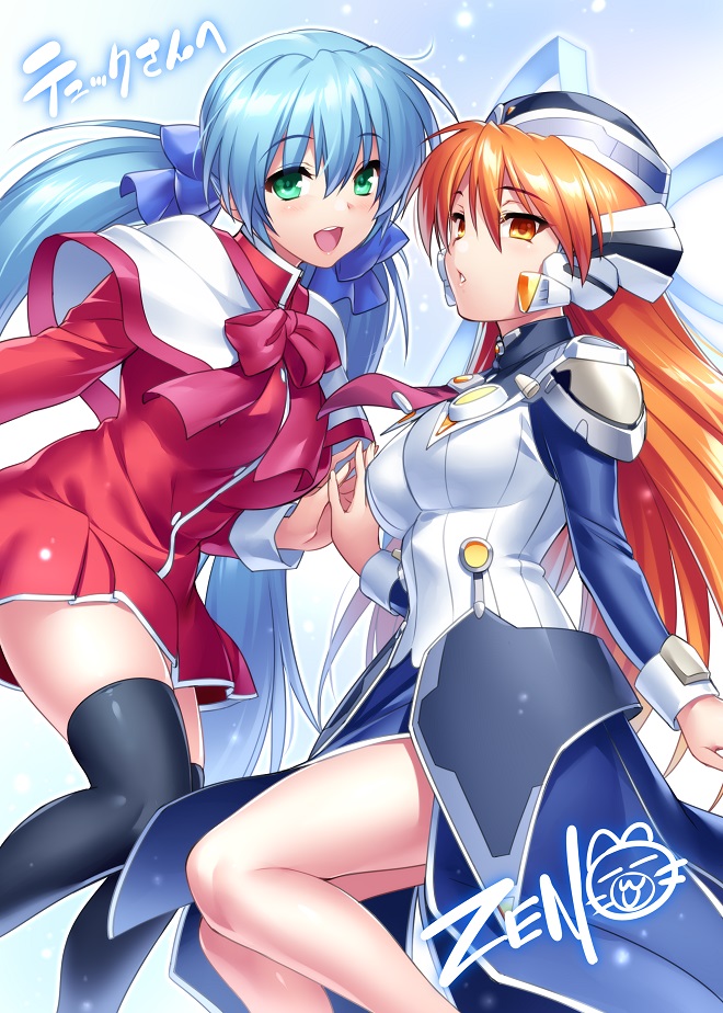 2girls :d alternate_costume arm_at_side black_thighhighs blue_background blue_bow blue_dress blue_hair blue_ribbon blush bow capelet commentary_request commission cosplay dress empty_eyes expressionless eyelashes eyes_visible_through_hair feet_out_of_frame green_eyes hair_between_eyes hair_bow hair_ribbon hand_up holding_hands hoshino_yumemi hoshino_yumemi_(cosplay) kanon long_hair long_sleeves looking_at_viewer low_twintails minase_nayuki minase_nayuki_(cosplay) multiple_girls no_headwear open_mouth orange_eyes orange_hair parted_lips pink_bow planetarian red_dress ribbon robot_ears robot_girl round_teeth school_uniform second-party_source serio_(to_heart) shiny_skin short_dress signature simple_background skeb_commission smile steepled_fingers teeth thighhighs to_heart to_heart_(series) trait_connection twintails upper_teeth_only very_long_hair white_capelet zen_(kamuro) zettai_ryouiki