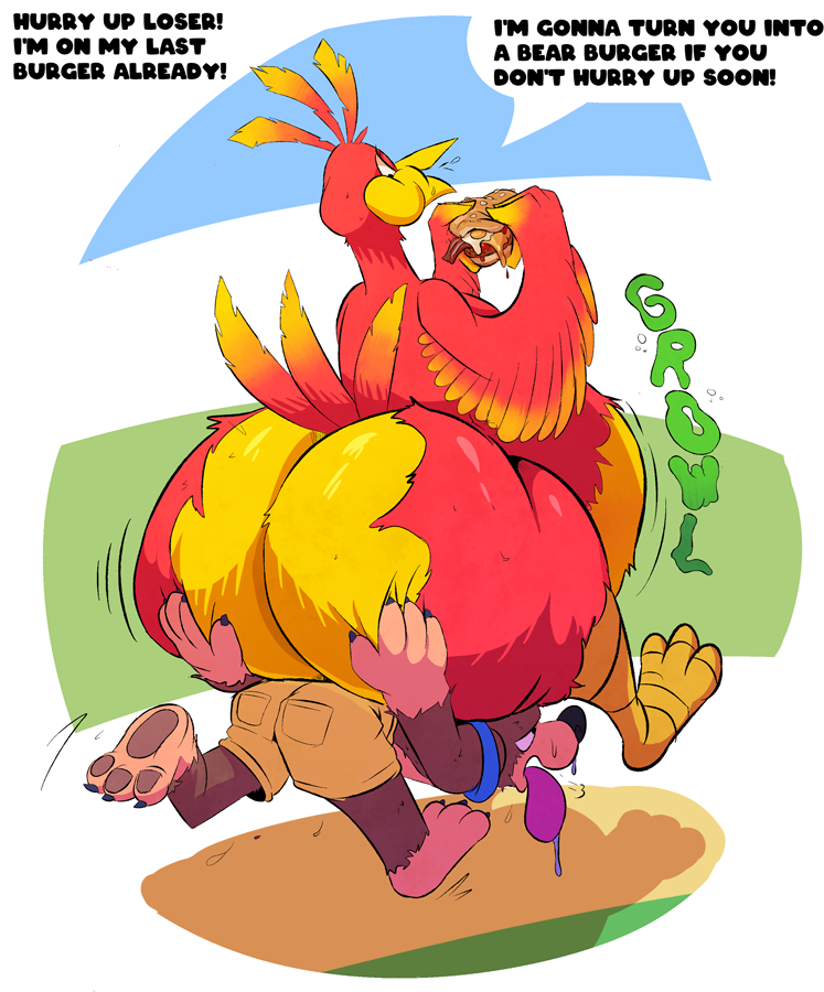 2023 anthro avian banjo-kazooie banjo_(banjo-kazooie) barefoot beak bear belly big_belly big_butt bird bodily_fluids bottomwear burger butt carrying carrying_another carrying_partner cheek_bulge claws clothed clothed/nude clothed_male_nude_female clothing dialogue duo feathers feet female food hand_on_butt holding_burger holding_food holding_object kazooie male mammal nude nude_female obese obese_anthro obese_female open_mouth overweight overweight_anthro overweight_female paws rareware rumbling_stomach sharkvore shirtless shirtless_anthro shirtless_male shorts sitting sitting_on_another sweat tail_feathers text tongue tongue_out