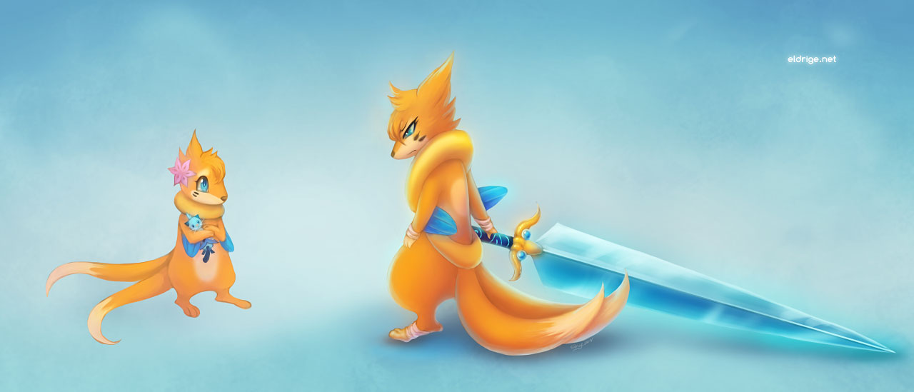 2014 2_tails 3_toes bandage biped blue_background blue_eyes buizel dewott duo eldrige feet female feral fingers floatz floatzel flower fur generation_4_pokemon generation_5_pokemon gradient_background hair holding_object holding_weapon looking_at_another melee_weapon multi_tail nintendo orange_body orange_fur orange_hair plant plushie pokemon pokemon_(species) simple_background standing sword tail toes weapon young