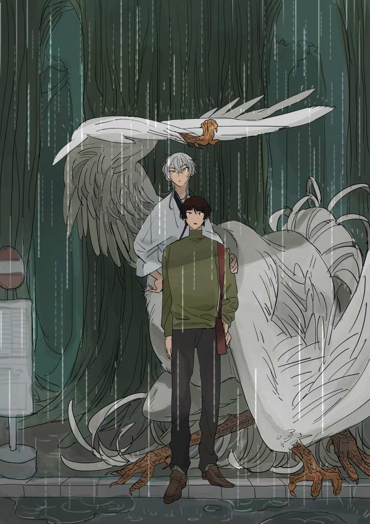 2boys bag bird_boy bird_tail bird_wings black_eyes black_pants brown_footwear centauroid claws feathered_wings full_body green_sweater grey_hair grey_wings hair_between_eyes hand_on_another's_arm ishikirimaru japanese_clothes kyou_zuki long_hair long_sleeves looking_at_viewer male_focus monster_boy monsterification multiple_boys no_entry_sign outdoors pants rain road_sign shoulder_bag sign standing sweater tail taur touken_ranbu tree tsurumaru_kuninaga turtleneck turtleneck_sweater wing_umbrella wings yellow_eyes