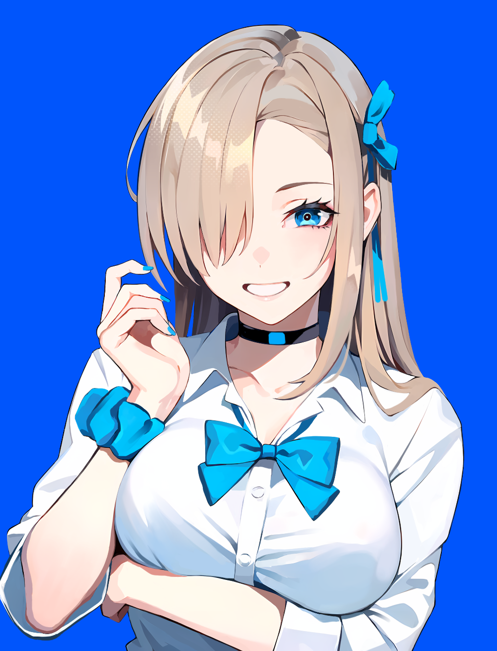 1girl arm_under_breasts asuna_(blue_archive) black_choker blonde_hair blue_archive blue_bow blue_bowtie blue_eyes blue_nails blue_ribbon blue_scrunchie blush bow bowtie breasts choker collarbone collared_shirt fingernails hair_ribbon highres large_breasts long_hair long_sleeves looking_at_viewer no_halo parted_bangs ribbon scrunchie shirt sleeves_rolled_up smile solo tor_(torkrub111) upper_body white_shirt wrist_scrunchie
