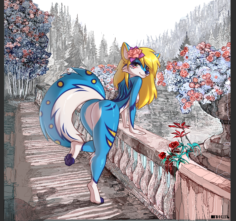 accessory anthro arm_support biped blue_body blue_fur blue_pawpads breasts bridge butt collaboration countershade_face countershade_fur countershade_torso countershading detailed_background digital_media_(artwork) female flower flower_in_hair fur hair hair_accessory hindpaw jeffusherb lapis_(kyosanerixone) long_hair nude nude_outside outside pawpads paws plant shaded solo tail tree vtza water white_body white_fur