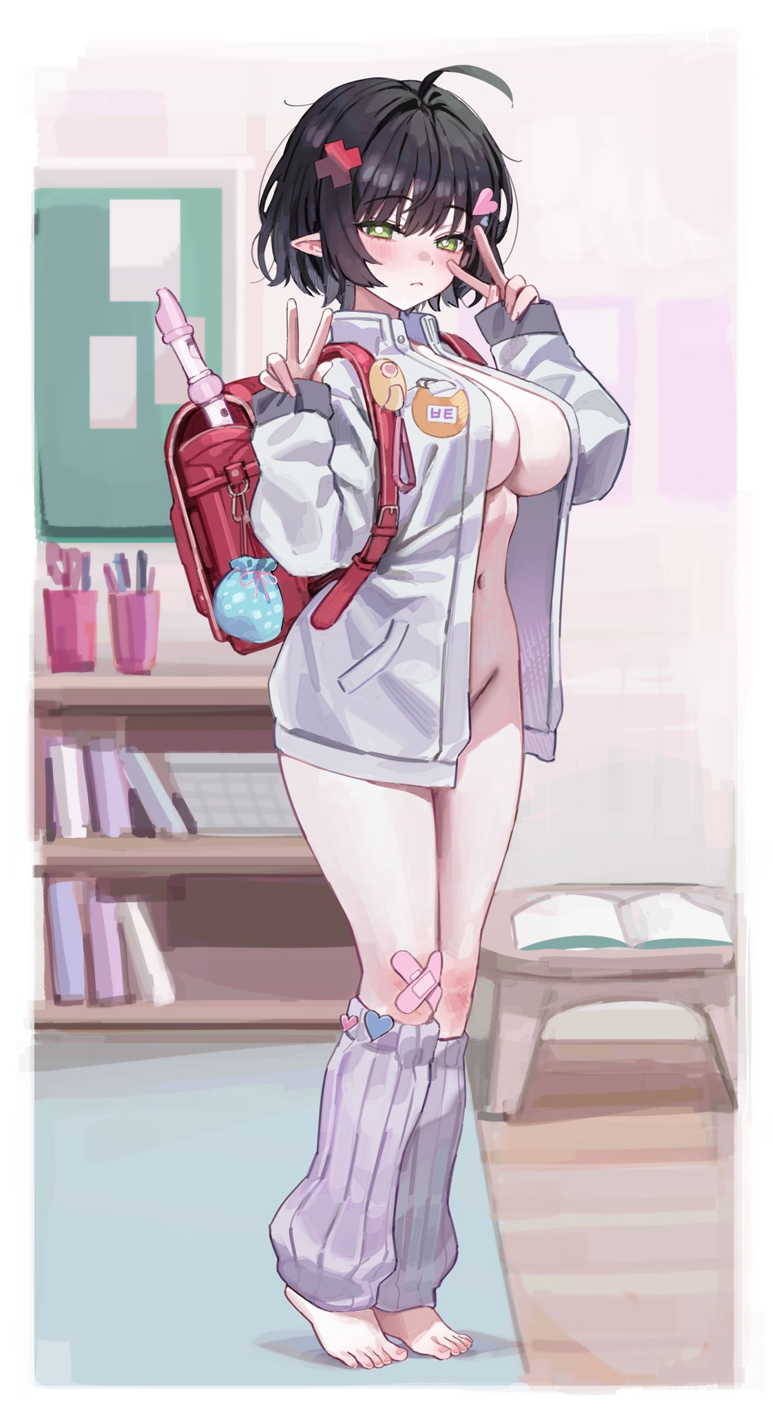 1girl ahoge backpack bag baggy_socks bandaid bandaid_on_knee bandaid_on_leg black_hair blush border breasts bright_pupils cleavage closed_mouth crime_prevention_buzzer crossed_bandaids double_v flute full_body gompang_11 green_eyes hair_ornament hands_up heart heart_hair_ornament highres indoors instrument jacket large_breasts long_sleeves looking_at_viewer naked_jacket navel no_bra no_panties open_clothes open_jacket original pointy_ears purple_socks randoseru red_bag short_hair sketch_background socks solo standing stomach toeless_legwear toes v white_border white_jacket white_pupils x_hair_ornament