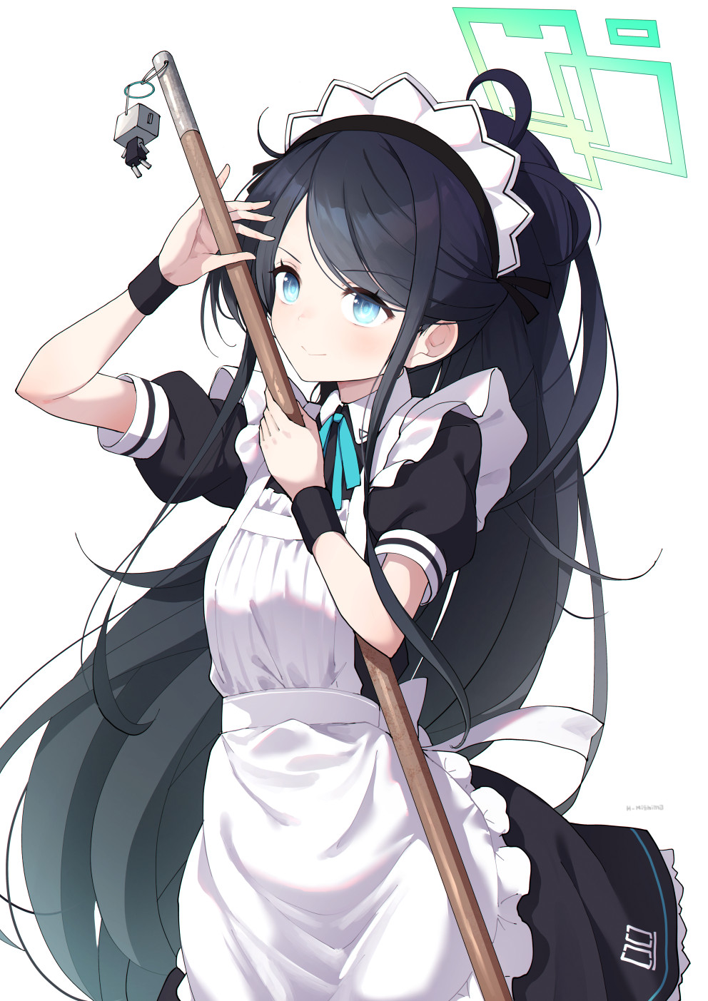 &lt;key&gt;_(robot)_(blue_archive) 1girl apron aris_(blue_archive) aris_(maid)_(blue_archive) black_hair blue_archive blue_eyes broom closed_mouth halo highres holding holding_broom long_hair looking_at_viewer maid maid_apron maid_headdress mishima_hiroji official_alternate_costume ponytail puffy_short_sleeves puffy_sleeves short_sleeves simple_background solo very_long_hair white_background