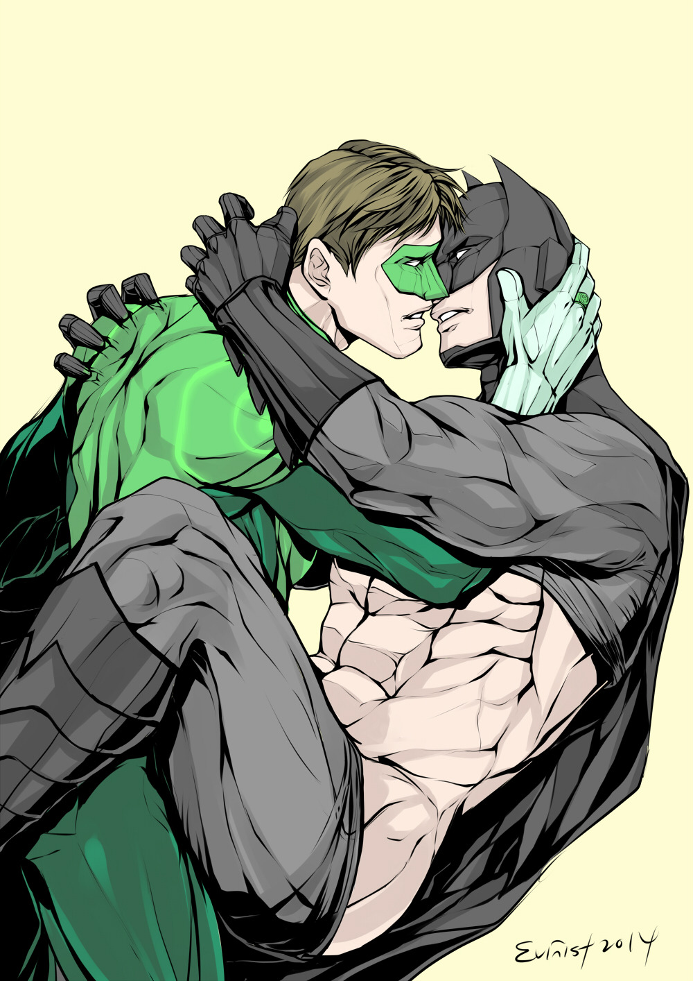 2boys abs artist_name bara batman batman_(series) black_cape black_gloves bodysuit bodysuit_pull boots brown_hair bruce_wayne cape dc_comics domino_mask evinist gloves green_bodysuit green_lantern grey_bodysuit hal_jordan highres jewelry large_pectorals looking_at_another male_focus mask multiple_boys muscular muscular_male pectorals ring short_hair simple_background white_gloves yaoi