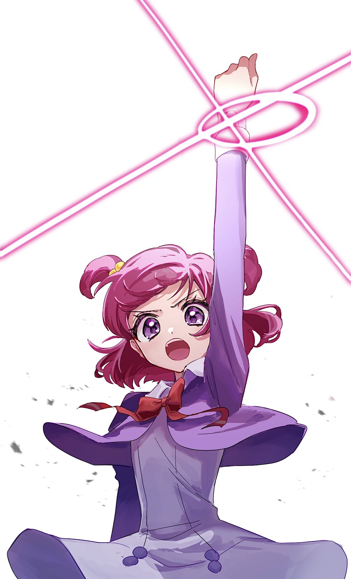 1girl blue_dress bow commentary cropped_jacket dress highres kamogawa140 l'ecole_des_cinq_lumieres_school_uniform long_sleeves open_mouth pink_hair precure purple_eyes red_bow school_uniform short_hair solo two_side_up yes!_precure_5 yumehara_nozomi