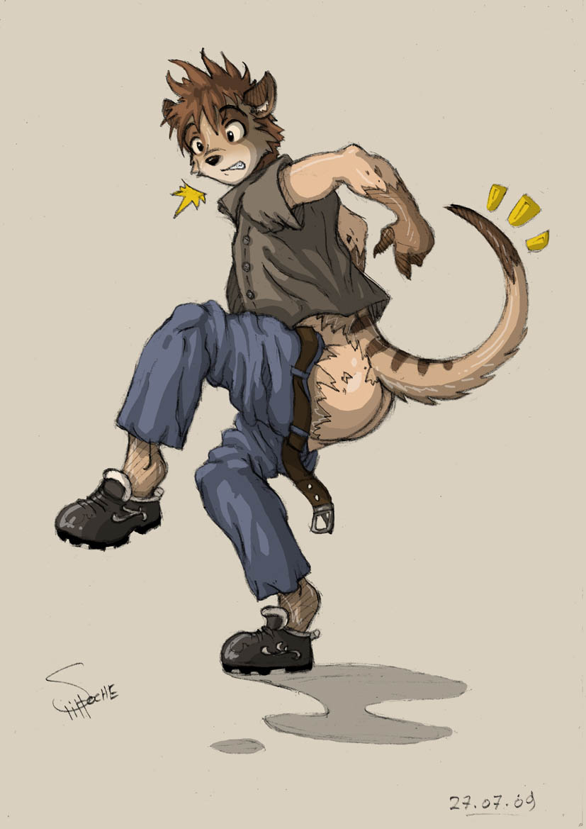 anthro bottomless bottomwear bottomwear_down brown_body brown_fur brown_hair butt clothed clothing eleode fur fur_growth growth hair herpestid human male mammal meerkat pants pants_down partially_clothed simple_background solo striped_body striped_fur stripes transformation