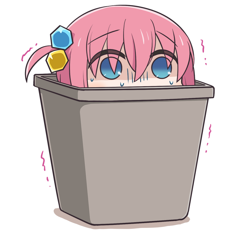 1girl blue_eyes bocchi_the_rock! cube_hair_ornament denden empty_eyes gloom_(expression) gotoh_hitori hair_between_eyes hair_ornament in_container in_trash_can motion_lines one_side_up pink_hair shaded_face simple_background solo sweat tareme transparent_background trash_can trembling