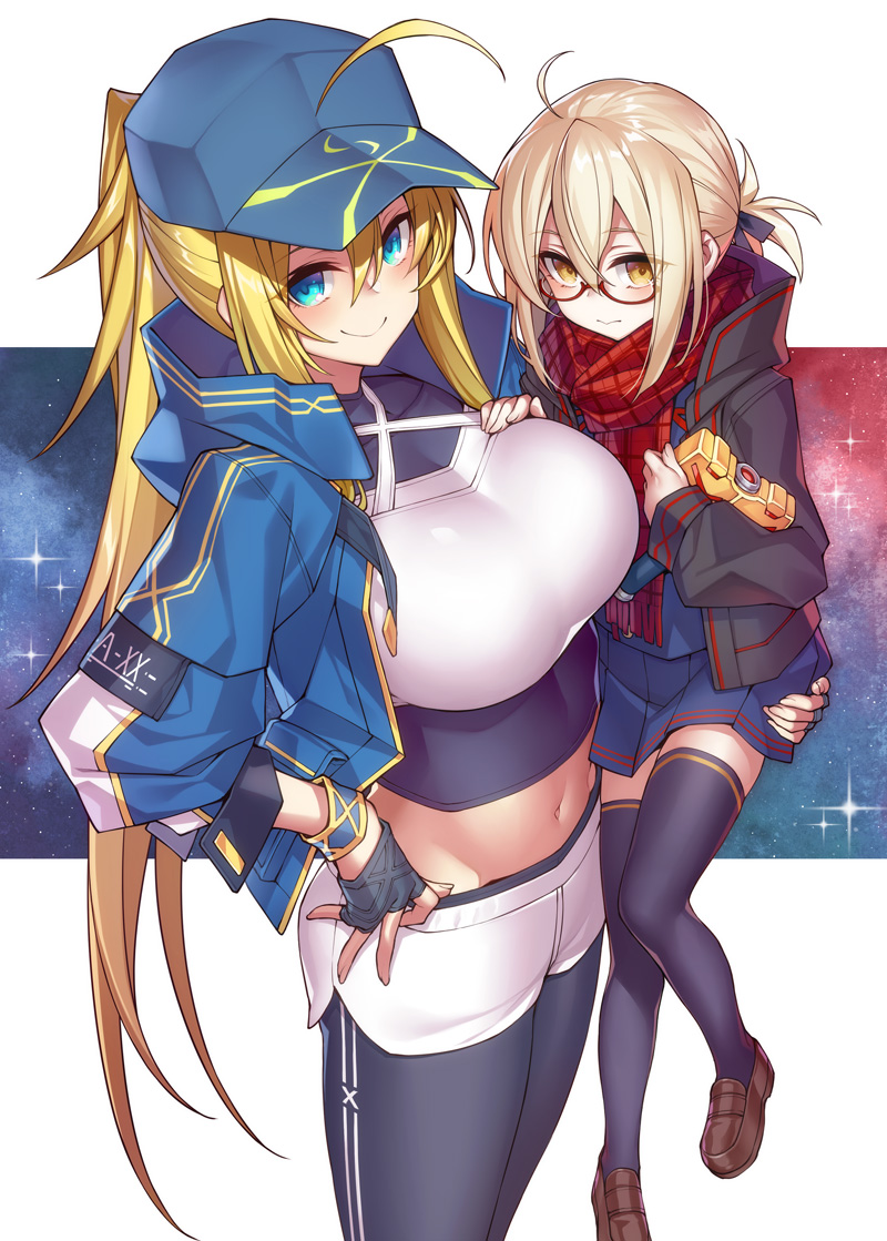 2girls ahoge artoria_pendragon_(fate) blonde_hair blue_eyes blue_jacket breasts fate/grand_order fate_(series) fingerless_gloves glasses gloves hair_between_eyes hand_on_own_hip hat hood hoodie jacket kodama_yuu large_breasts long_hair long_sleeves multiple_girls mysterious_heroine_x_(fate) mysterious_heroine_x_alter_(fate) navel peaked_cap pleated_skirt ponytail scarf school_uniform short_hair skirt smile sportswear thighhighs wrist_cuffs yellow_eyes