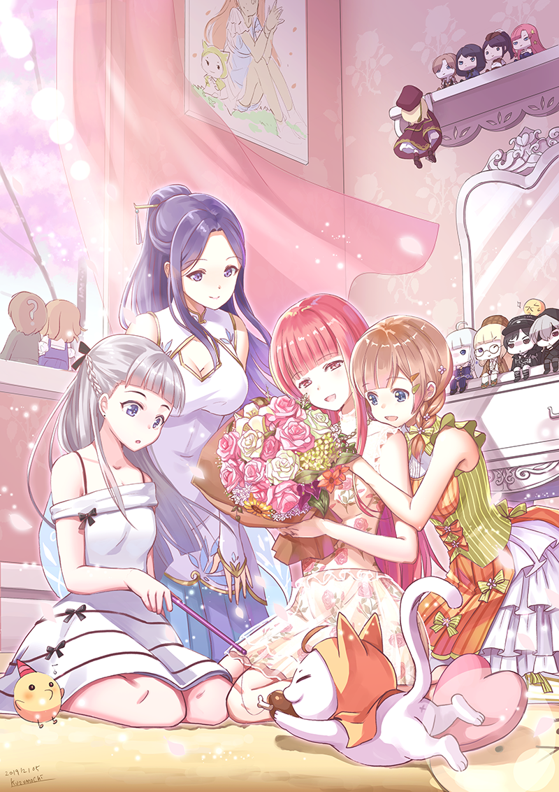 4girls :d :o ? ahoge bare_arms bare_shoulders black_hair blonde_hair blue_eyes blue_skirt bouquet braid breasts brown_hair character_request cleavage cleavage_cutout clothing_cutout commentary_request curtains dress floral_print flower green_flower green_rose grey_hair hair_ornament hairclip half-closed_eyes holding holding_bouquet indoors kuzumochi_(kuzumochiya) miracle_nikki mirror multiple_girls off-shoulder_dress off_shoulder orange_dress parted_lips pink_flower pink_rose pleated_skirt print_dress purple_eyes purple_hair red_eyes red_hair rose shelf sitting skirt sleeveless sleeveless_dress smile wariza white_dress white_flower white_rose wind window