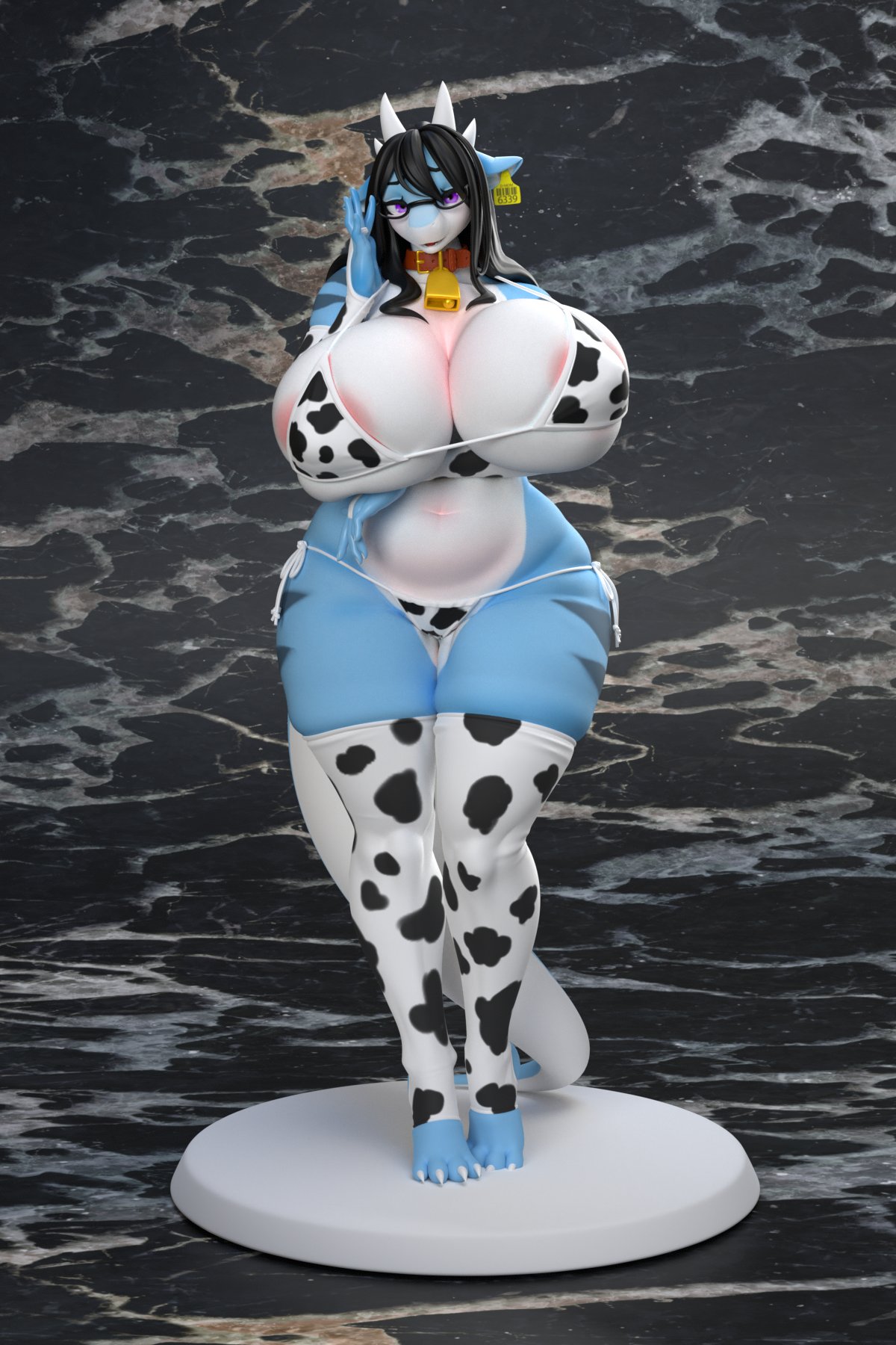 3d_(artwork) animal_print animal_print_bikini anthro big_breasts bikini bom39 breasts clothing cow_print cow_print_bikini cowbell digital_media_(artwork) dragon dragonmom_(rayka) female furcollectibles_store hi_res pattern_bikini pattern_clothing pattern_swimwear rayka solo swimwear