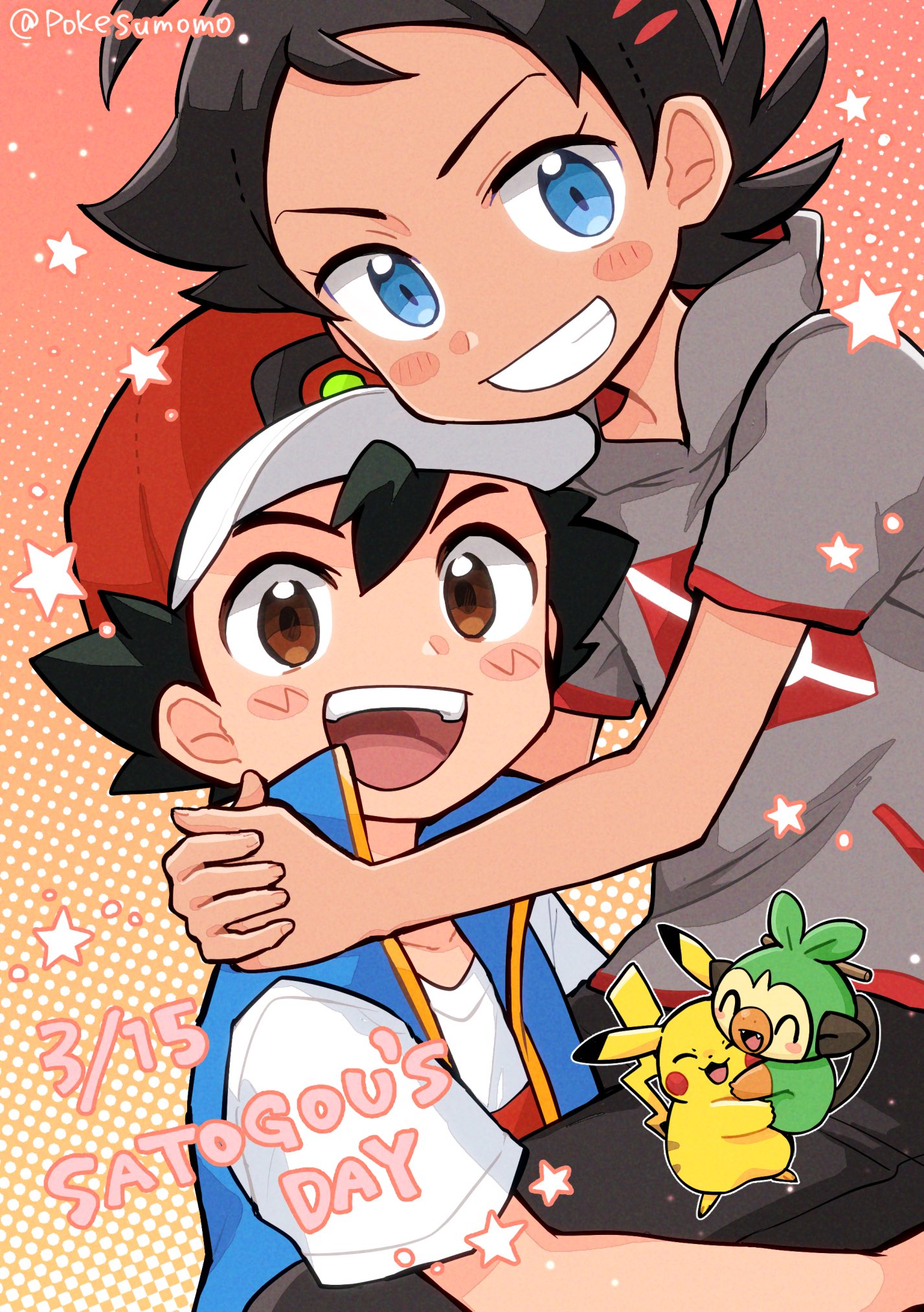 2boys :d ash_ketchum black_hair black_pants blue_eyes blue_jacket blush_stickers brown_eyes commentary_request goh_(pokemon) grey_shirt grin grookey hat highres jacket male_focus multiple_boys open_mouth pants pikachu pokemon pokemon_(anime) pokemon_journeys pokesumomo red_headwear shirt short_hair short_sleeves sleeveless sleeveless_jacket smile star_(symbol) t-shirt teeth tongue twitter_username upper_teeth_only watermark white_shirt